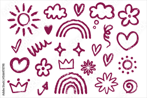 Collection of hand drawn doodle elements including suns clouds hearts stars and rainbows