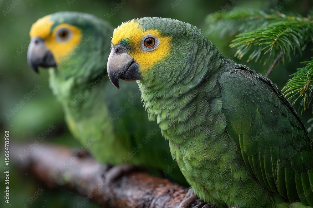 Obraz premium Two green parrots sitting on a branch in the rain