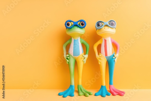 Two colorful frogs wearing swimsuits and goggles on a yellow background
