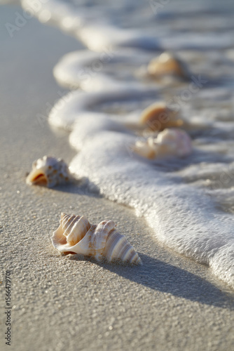 serene marine landscape featuring various mollusks on pristine sandy beach gentle waves lapping at shore