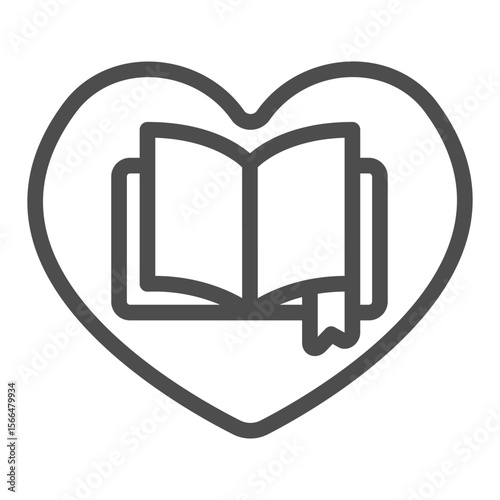 Book with bookmark on heart line icon, book festival concept. Vector graphics. Heart shape with textbook, favorite sign on white background, outline style icon for mobile or web design.