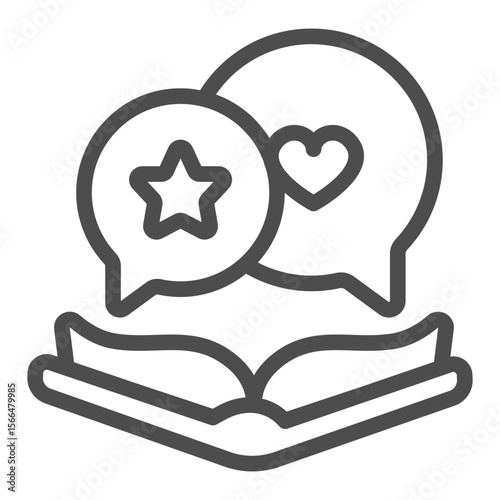 Textbook and popup bubbles line icon, positive review concept. Vector graphics. Book with star and heart, story reading sign on white background, outline style icon for mobile or web design.