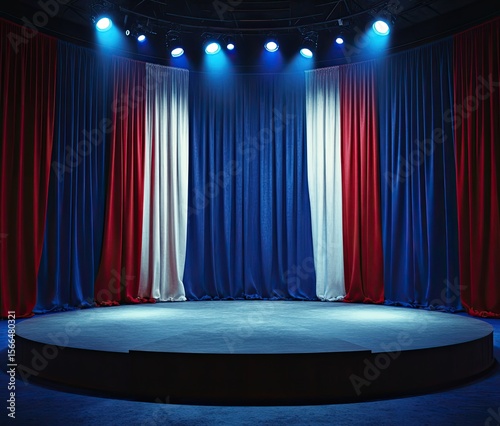 Close-up of an empty stage with red, white and blue curtains.