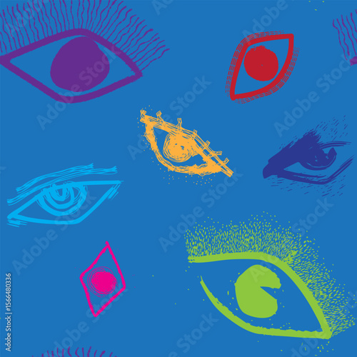 Seamless pattern of Abstract Color Pop Ink Eyes Pattern for textile, fashion design, or funky visual backgrounds.