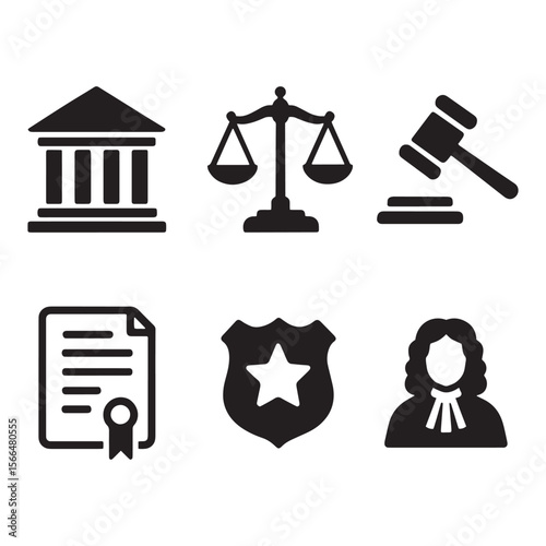 Legal Icons: A set of six black icons representing essential elements of law and justice, offering a clean and direct visual representation of legal concepts.