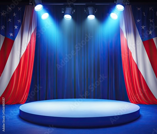Close-up of an empty stage with red, white and blue curtains.