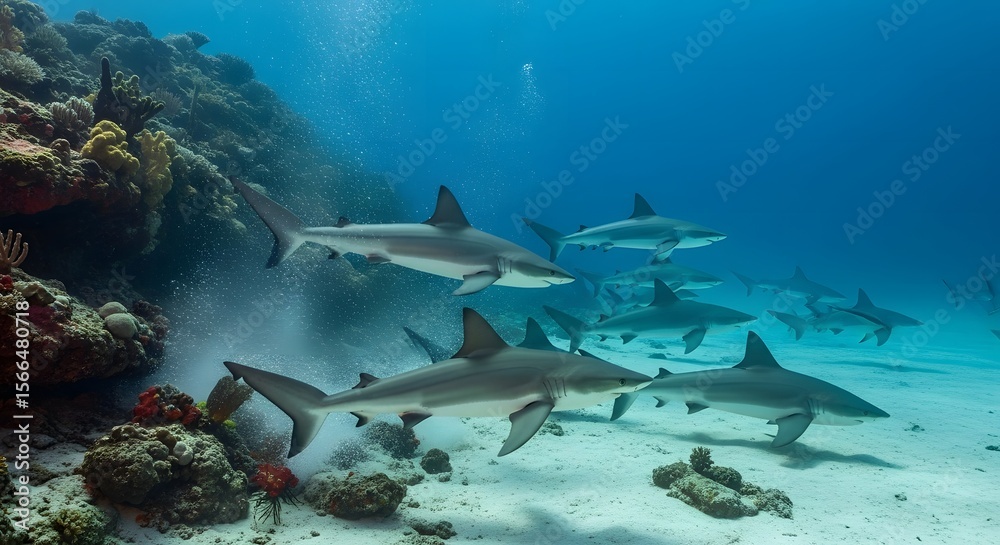 Fototapeta premium Caribbean Reef Sharks Swimming in a Coral Reef Ecosystem