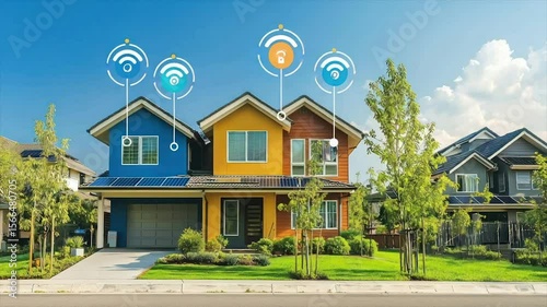 Smart homes with solar panels, wifi connectivity, and security features on a sunny day