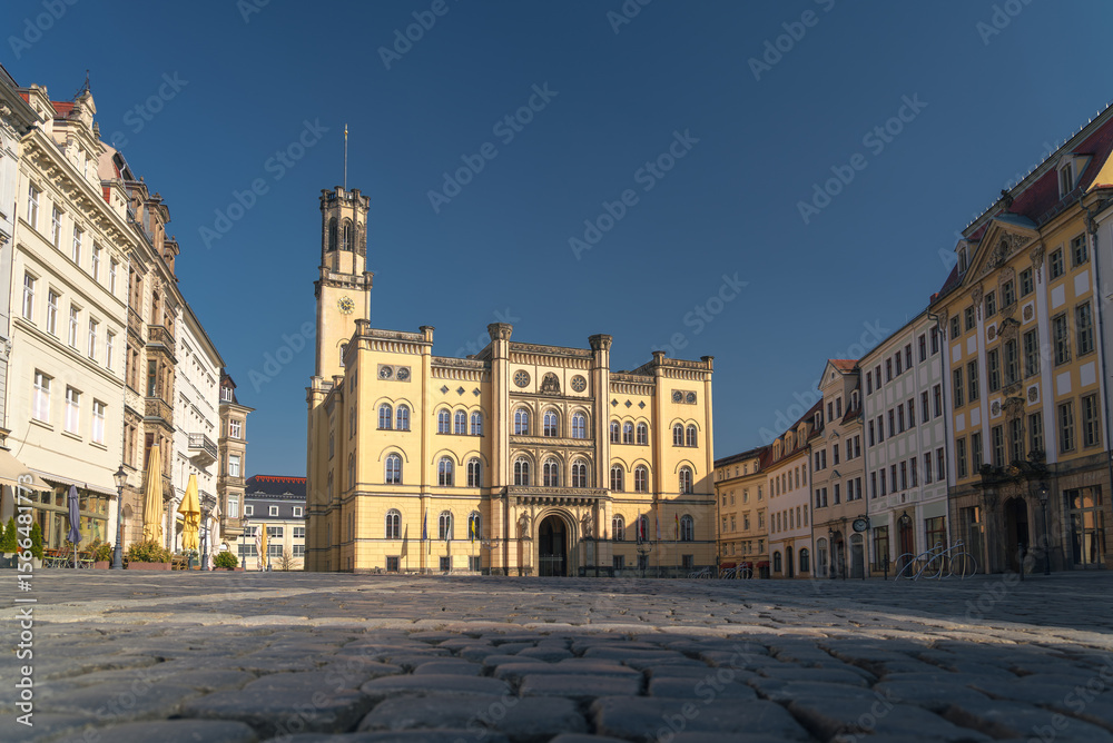 Fototapeta premium Cityscape of Zittau, Saxony, Germany. Wide panoramic view of City Hall (Rathaus) and Marktplatz square