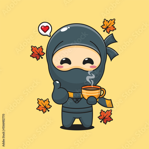 Cute ninja holding holding a cup of coffee in autumn day cartoon vector illustration