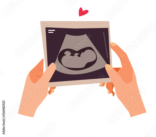 holding the ultrasound results. A female doctor looks at the result of an ultrasound scan. Medical diagnosis of a child in the womb,