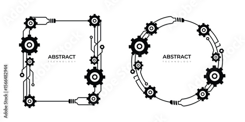 Abstract shapes technology frames line art, digital integration gear polygonal web network futuristic frames editable stroke vector illustration