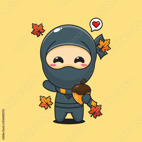 Cute ninja with acorns at autumn season in autumn day cartoon vector illustration