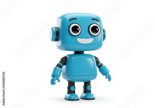A friendly blue robot character with large eyes and a cheerful smile stands confidently on a white background showcasing its charming and approachable design for technological and playful applications