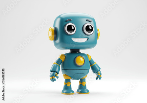 A Charming Cute Blue Robot with Big Round Eyes and Yellow Accents Standing Against a Clean White Background Ready for Adventure and Interaction