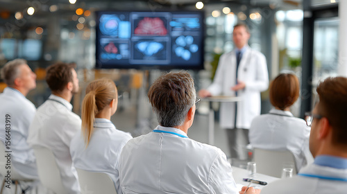 Group of doctors attending seminar in hospital lecture hall with senior physician giving medical presentation and professional training session on healthcare practices