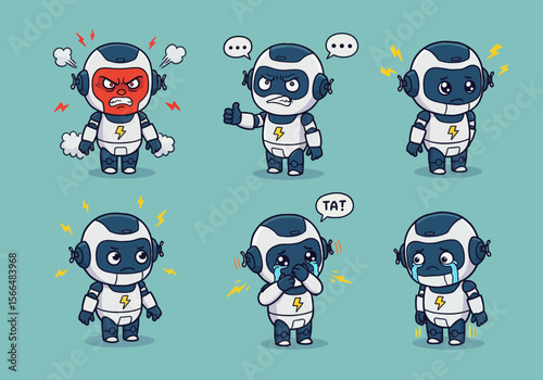 A collection of cute cartoon robot characters expressing a wide range of human emotions from joy to anger and sadness