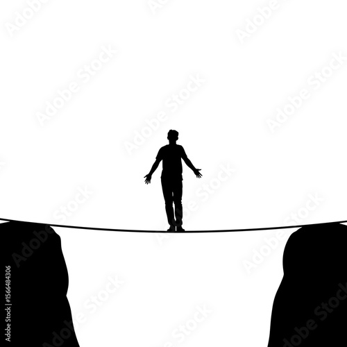 Person balancing on a tightrope between two cliffs in silhouette  