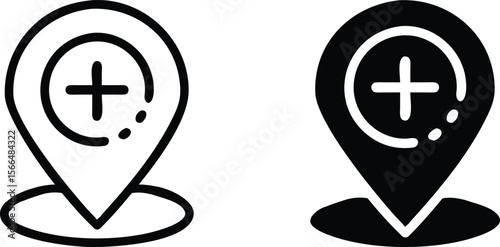 Black and White Medical Location Pin with Plus Symbol Vector Icon Design