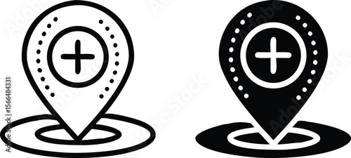 Medical Location Pin Icon with Plus Sign in Black and White Vector Style