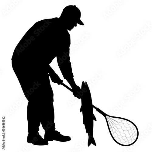 Fisherman silhouette holding a caught fish with a net  