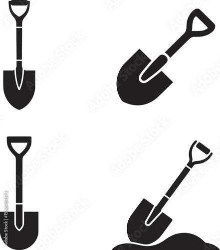 Vector Set of Black Shovel Icons – Gardening and Construction Tool Symbols on White Background