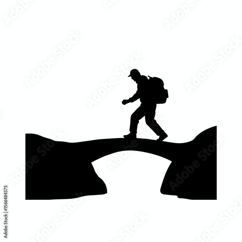 Hiker crossing a narrow bridge silhouetted against a white background  
