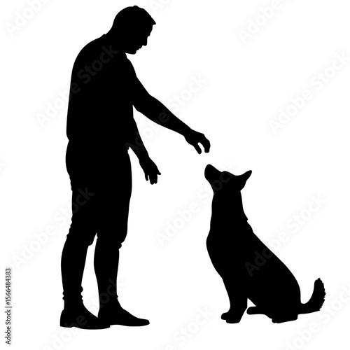 Silhouette of a man reaching out to a dog in a playful pose  