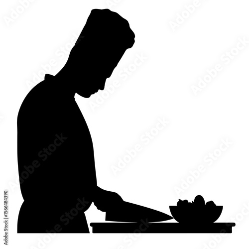Chef silhouette preparing ingredients while chopping vegetables  