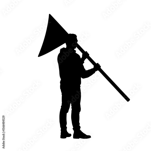 Silhouette of a man holding a large object in a standing pose  