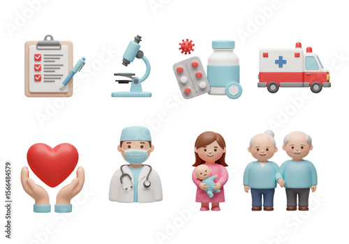 A Comprehensive Collection of Medical and Healthcare Related Icons Illustrating Health Services and Scientific Research in Modern Medicine and Patient Care