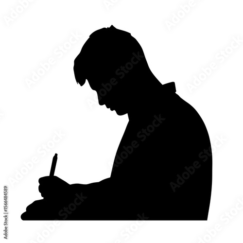Man writing with pen while sitting in silhouette  