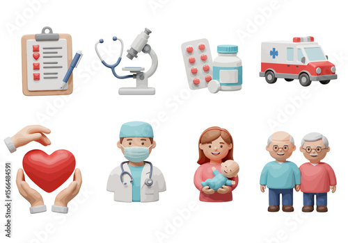 A Collection of Medical Icons Representing Healthcare Services and Care Including Doctors Patients and Life Support