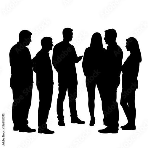 Group of people standing and talking in silhouette against white background  
