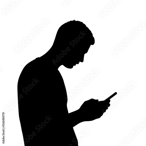 Silhouette of a man holding smartphone and looking down in profile  