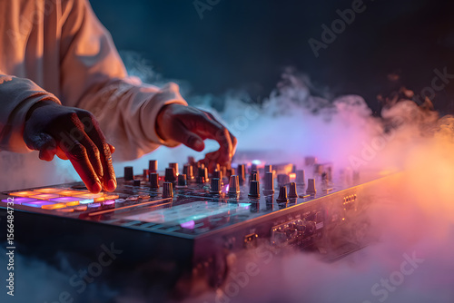 Wallpaper Mural Hands actively adjusting controls on DJ controller in an atmospheric setting. Vibrant smoke and colorful lights create an energetic vibe. Concept of nightlife, entertainment, music events Torontodigital.ca