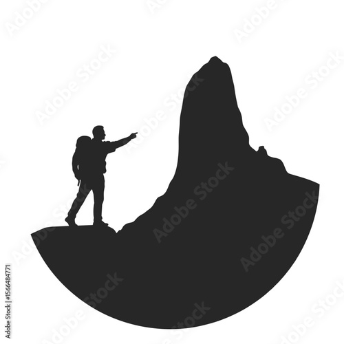 Silhouette of a hiker pointing at mountain peak on circular background  