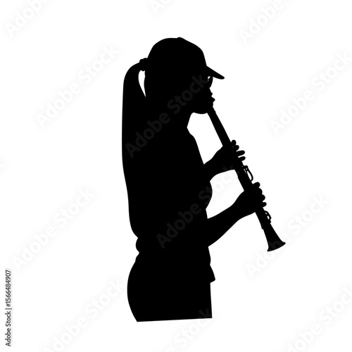 Woman playing flute in silhouette against a white background  