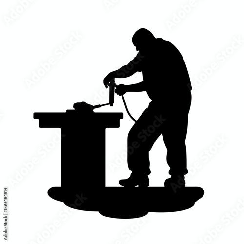 Worker using tool at workshop table in silhouette  