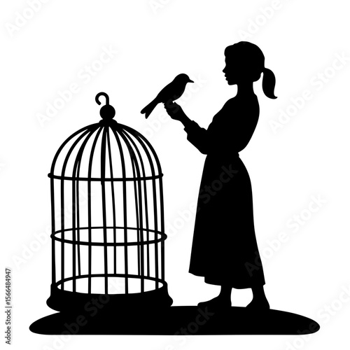 Girl holding a bird while standing beside an open cage silhouette  