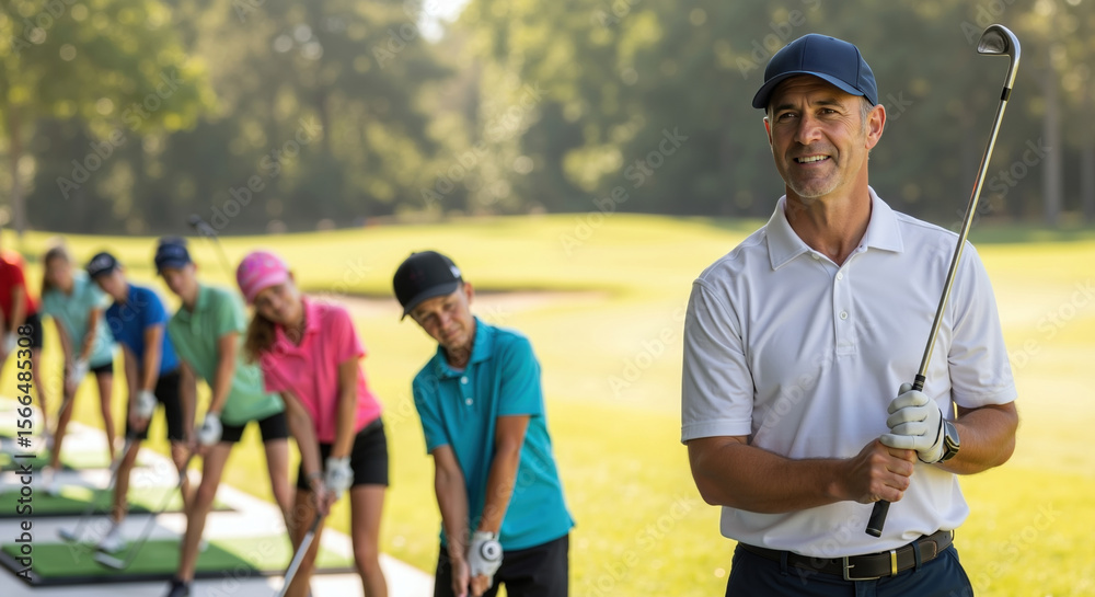 Naklejka premium Smiling golf instructor with crossed arms standing confidently on course with students practicing in background. Professional coach teaching group lesson on green field. Sports education concept