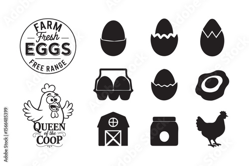 Farm Fresh Eggs Chicken Coop Icons Set Silhouette Vector Illustration