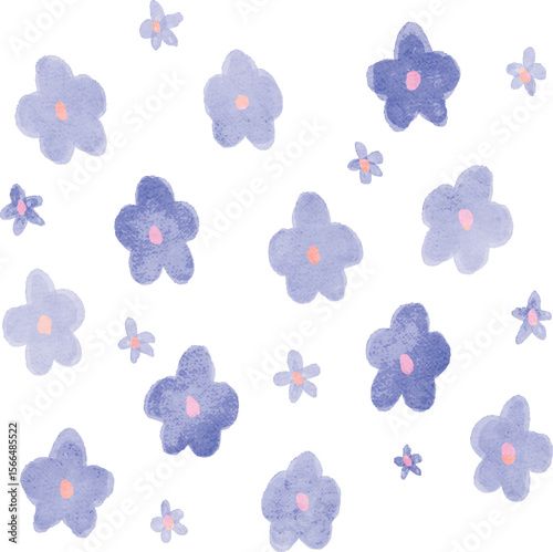 ラフな水彩タッチのたくさんの花のベクターイラスト・ブルー