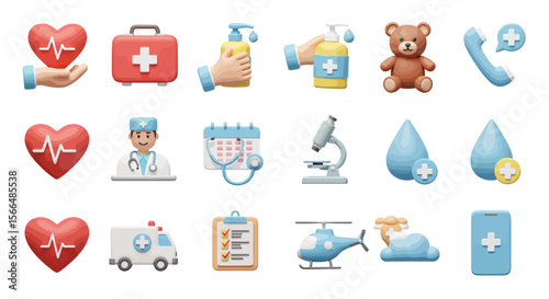 Collection of Medical Health Care Icons Representing Wellness and Professional Assistance