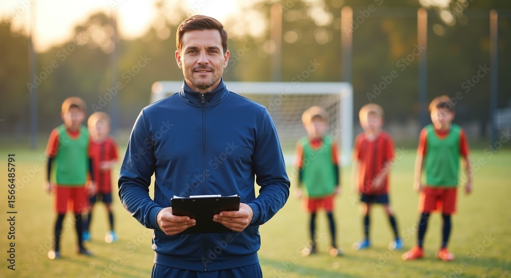 Fototapeta premium Soccer coach with crossed arms standing confidently on field with children training. Athletic instructor teaching kids football skills during group lesson. Sports education concept