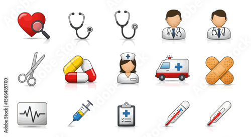 Collection of Medical and Healthcare Icons Representing Vital Signs Professional Care and Emergency Services Essential for Health Awareness and Wellness Programs