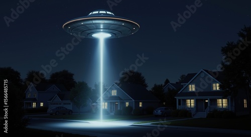 Fototapeta Naklejka Na Ścianę i Meble -  UFO spaceship with bright beam of light hovering over suburban neighborhood at night. Alien spacecraft illuminating houses with blue glow. Science fiction concept