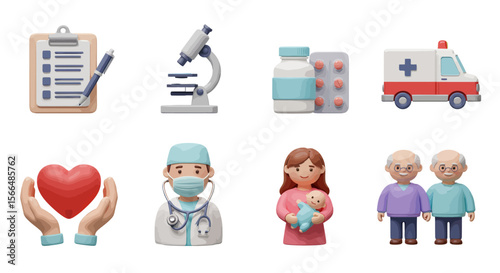 Collection of Medical Icons Representing Healthcare Services and Patient Care Including Diagnostics Treatment and Family Well Being