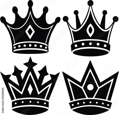 Golden royal crowns vector set, majestic symbols of king, queen, and princess authority, rich, leadership, glory, monarch