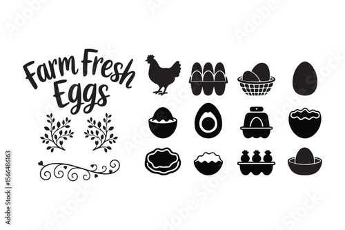 Farm Fresh Eggs and Chicken Silhouette Icons Vector Illustration